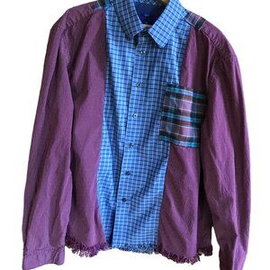 Upcycled Patchwork Button-Down Shirt, Size M-L: Boho Blue Purple Polka Dot Top